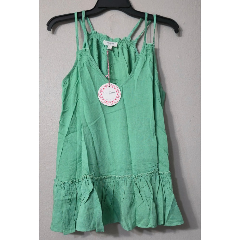 Umgee USA Green Ruffle Hem Tank Top V-Neck Double Strap Sleeveless Small NWT